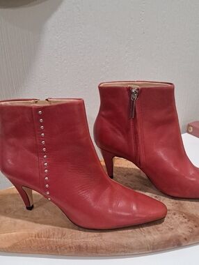 Zara Red Leather Ankle Booties with Stud Detail